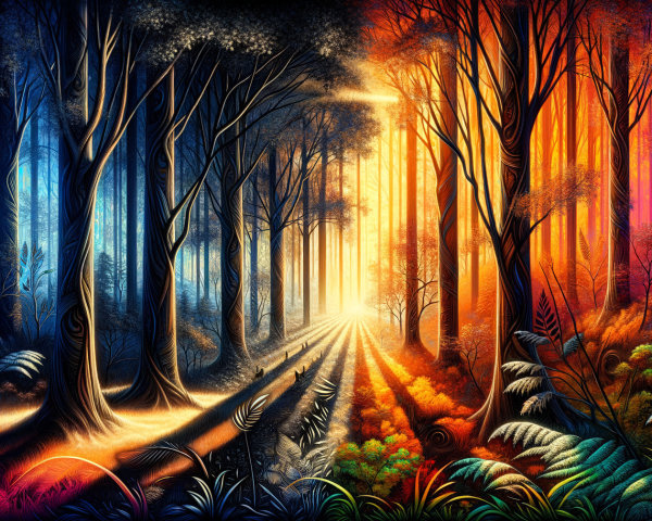 Vibrant Forest Scene with Blue and Orange Hues
