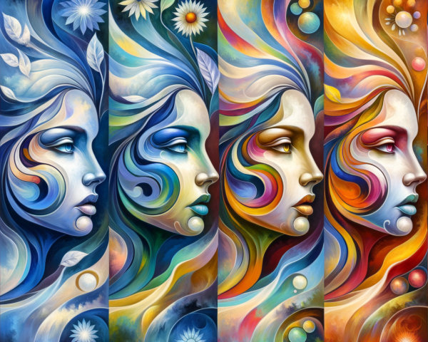 Four-Panel Artwork of Stylized Female Face in Color