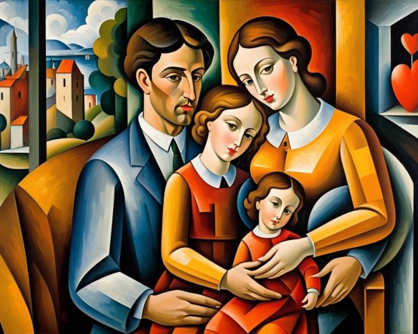 Cubist Family Portrait with Abstract Background Elements