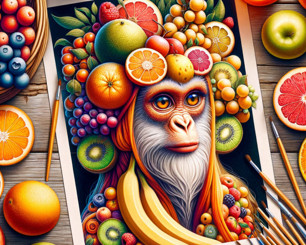 Whimsical Monkey Illustration with Fruit Crown