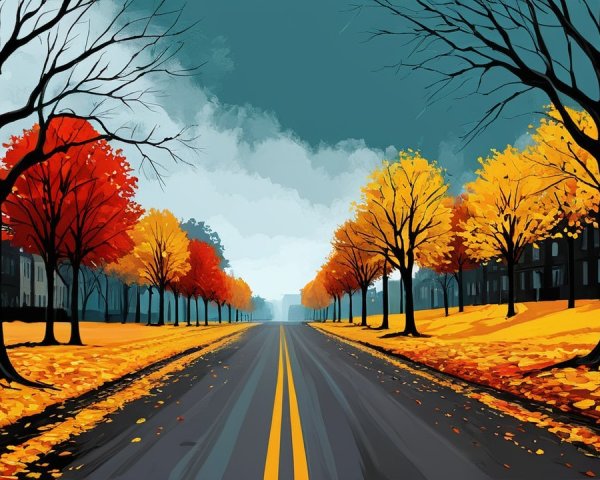 Autumn Scene of a Tree-Lined Street with Foliage