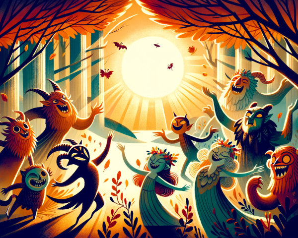 Whimsical Forest Scene with Playful Creatures