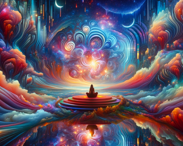 Vibrant Cosmic Landscape with Meditative Figure