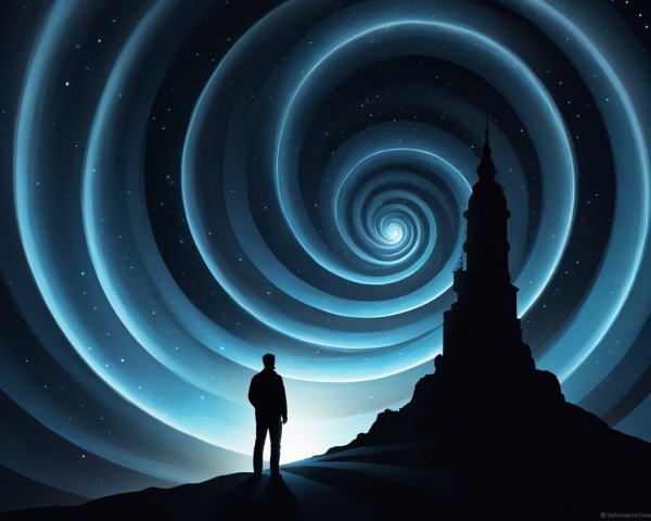 Silhouetted Figure and Lighthouse Under Cosmic Vortex
