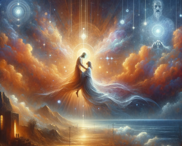 Celestial Embrace Amidst Clouds and Cosmic Light
