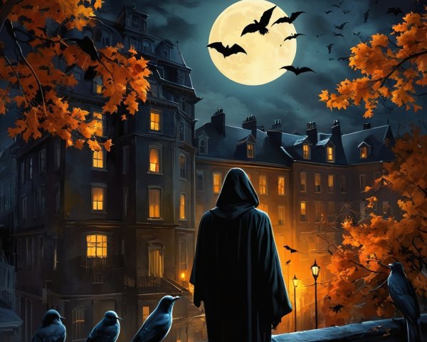 Cloaked Figure on Balcony in Haunting Night Scene