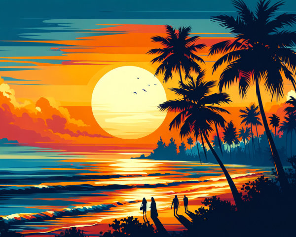 Vibrant Sunset Over Tranquil Beach with Silhouettes