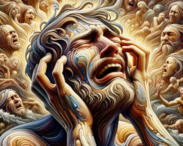 Artwork of a man in despair amidst chaotic emotions