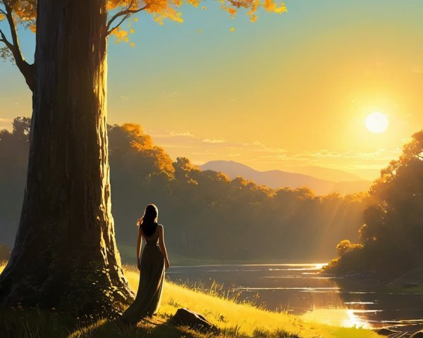 Serene Dawn Landscape with Silhouette and Autumn Foliage