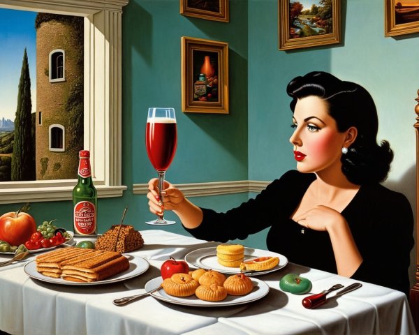 Woman in black dress at table with colorful food