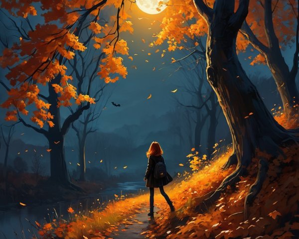 Solitary Figure on a Moonlit Path with Autumn Foliage