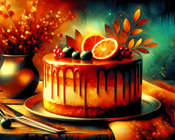Decorated cake with fruits and flowers on wooden table