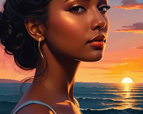 Woman in sunset by the ocean with serene expression