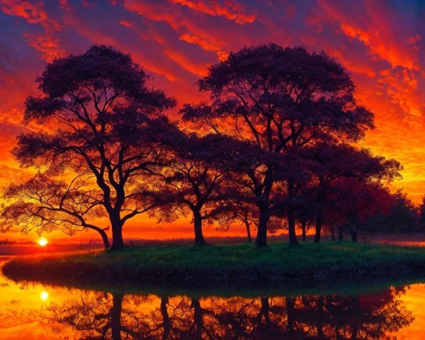 Vibrant Sunset Over Calm Waters and Silhouetted Trees