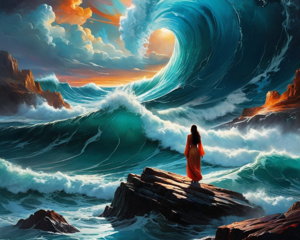 Dramatic Seascape with Waves and Sunset Colors