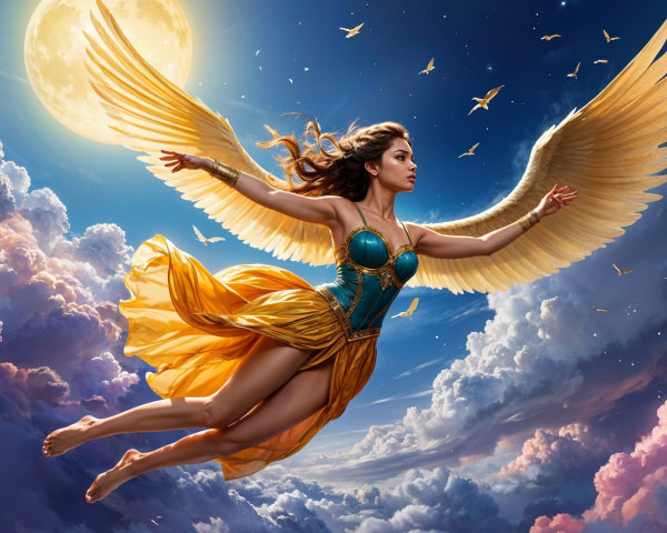Majestic figure with golden wings in vibrant sky