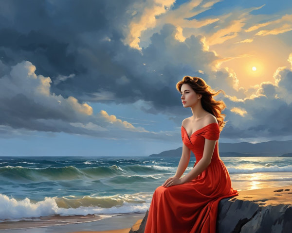 Serene Coastal Sunset with Woman in Red Dress