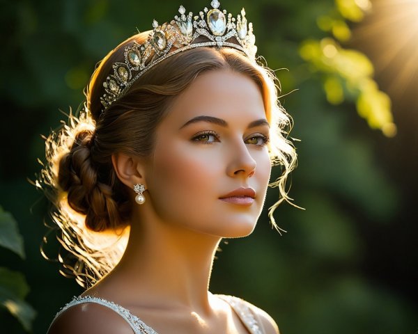 Young woman in tiara against lush greenery backdrop