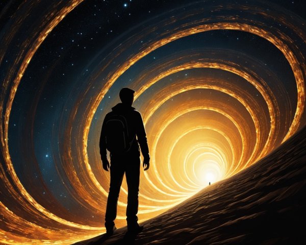 Silhouetted Figure Gazing at Golden Light Spiral