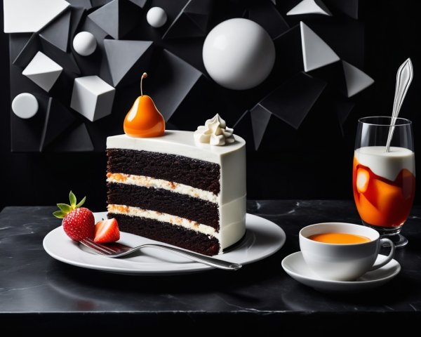 Decadent chocolate cake with strawberries and tea setting