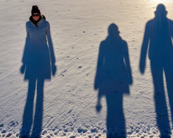 Woman in snowy landscape with long shadows and sunlight