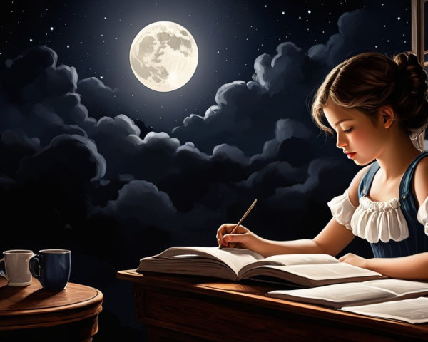 Cozy Room with Young Girl Writing by Moonlight