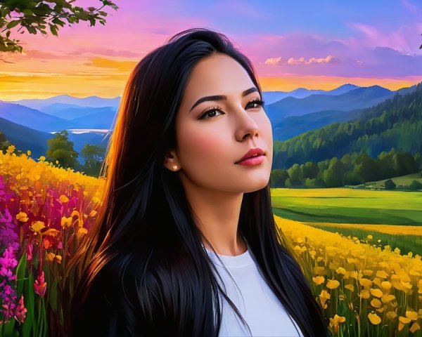 Young Woman in Serene Landscape with Wildflowers and Sunset