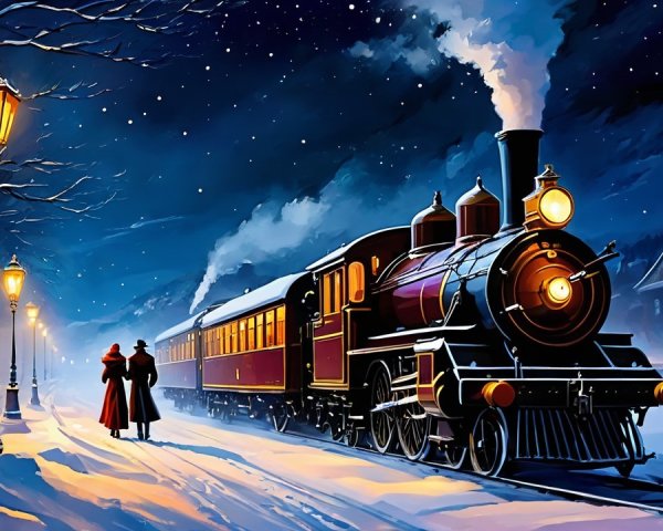 Winter Night Scene with Train, People, and Snow