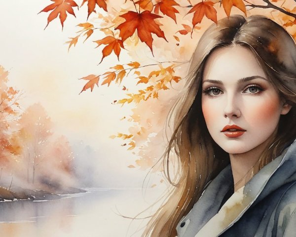 Watercolor Painting of Woman in Autumn Foliage