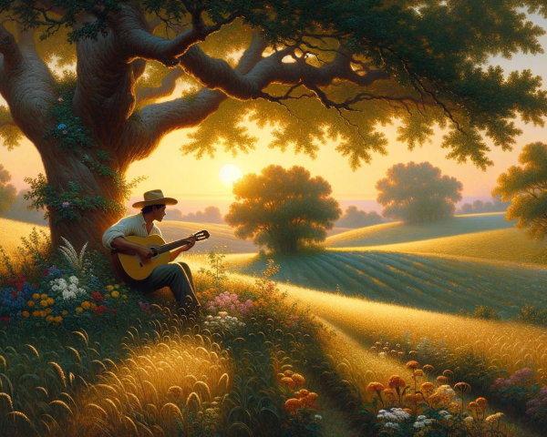 Serene Landscape with Flowers and Sunset Glow