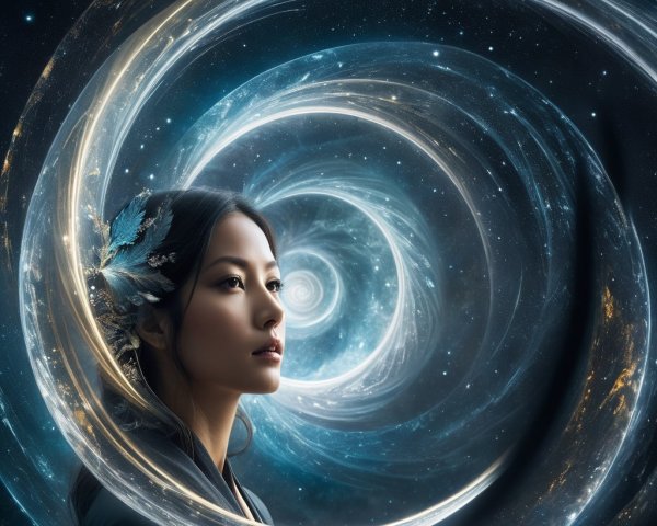 Woman in Cosmic Setting with Floral Accents