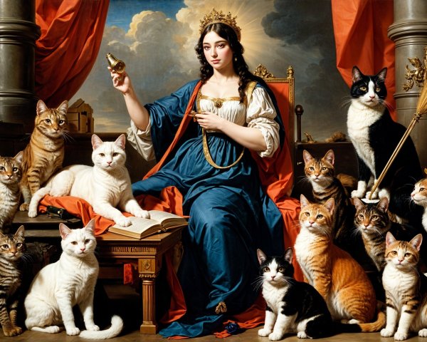 Regal Woman on Throne Surrounded by Cats and Clouds
