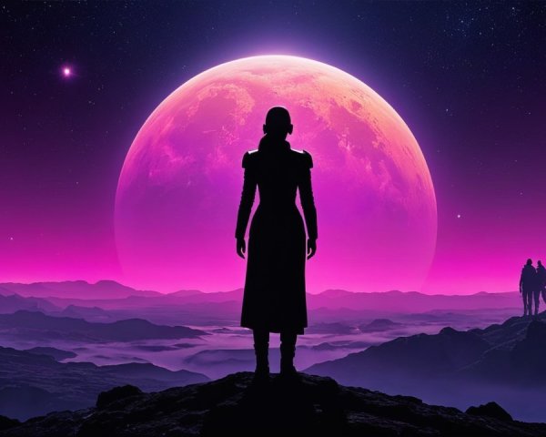 Silhouetted Figure on Rocky Outcrop with Cosmic Scene