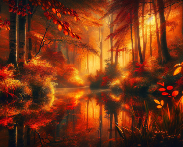 Tranquil Autumn Forest Scene with Sunset Reflections