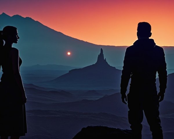 Silhouette of Couple Against Dramatic Sunset Landscape