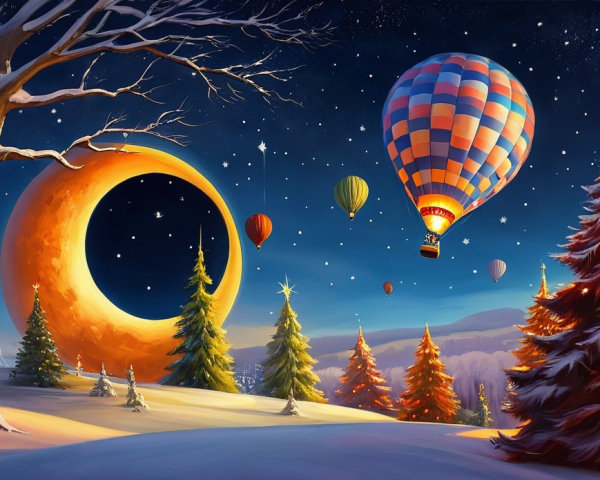 Snowy Winter Night with Moon and Colorful Balloons