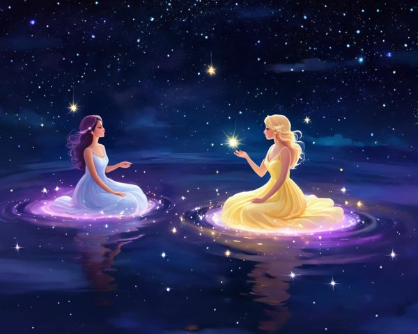 Ethereal Figures in Starry Water Landscape