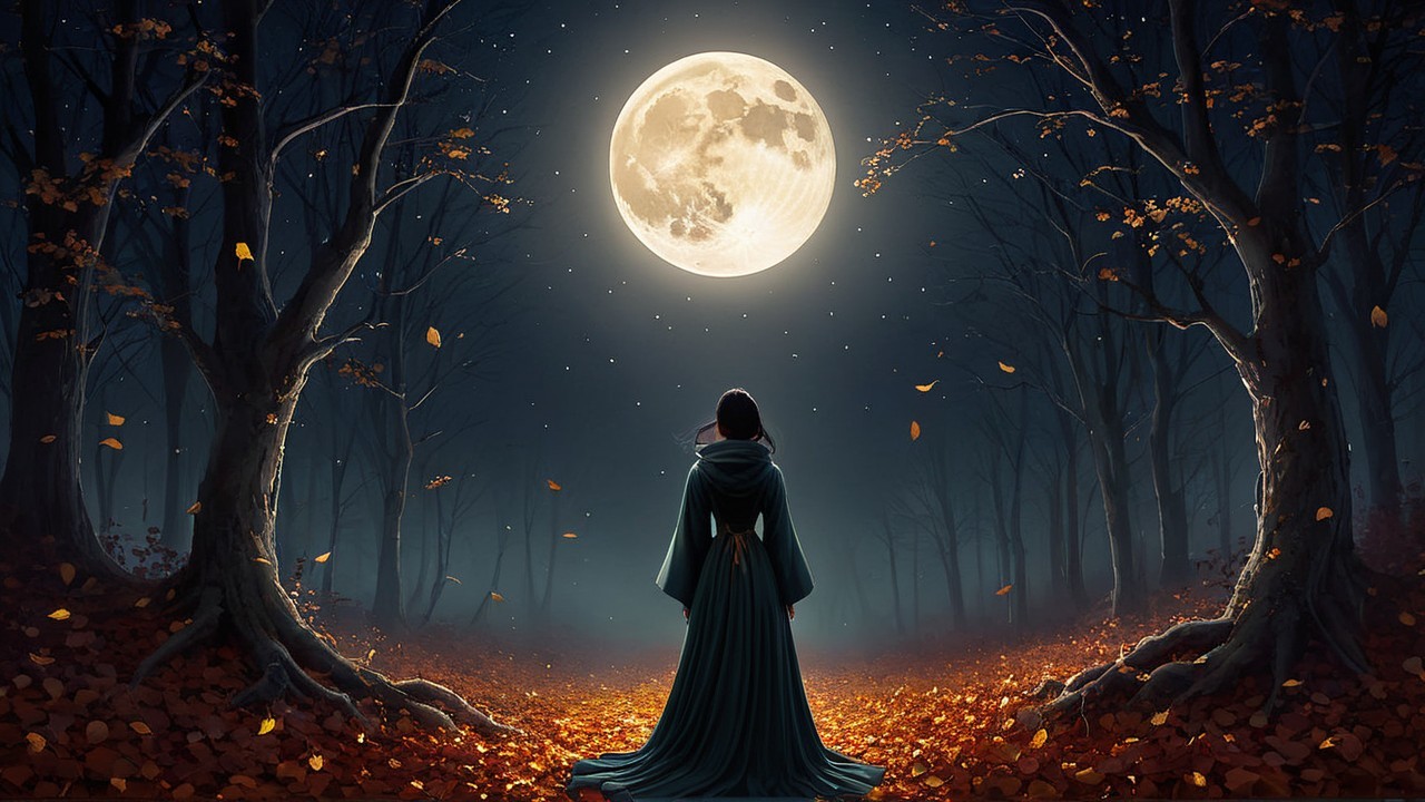 Hooded Figure in Forest Under Luminous Full Moon