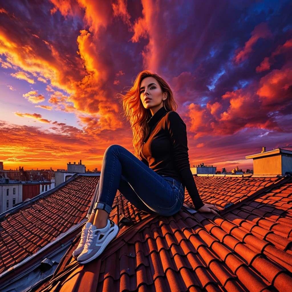 Woman on Rooftop at Sunset with Vibrant Sky Colors