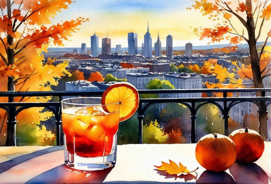 Autumn City Skyline with Cocktail and Foliage