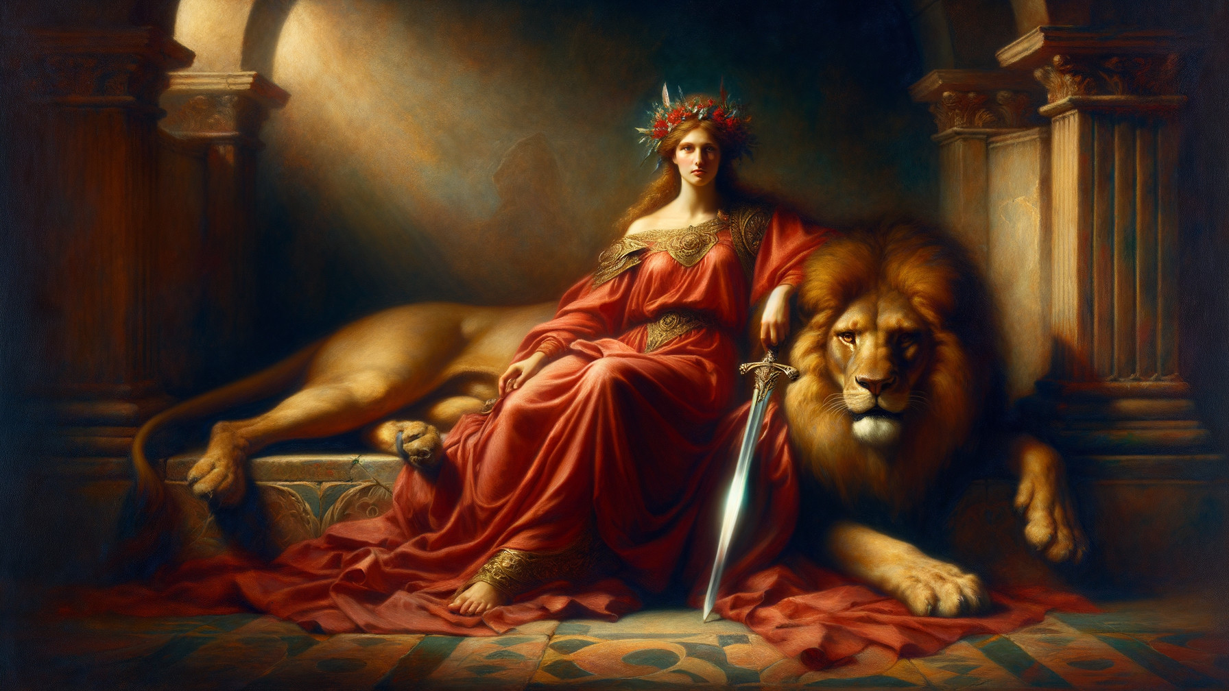Regal Figure in Red Robes with Lion and Sword