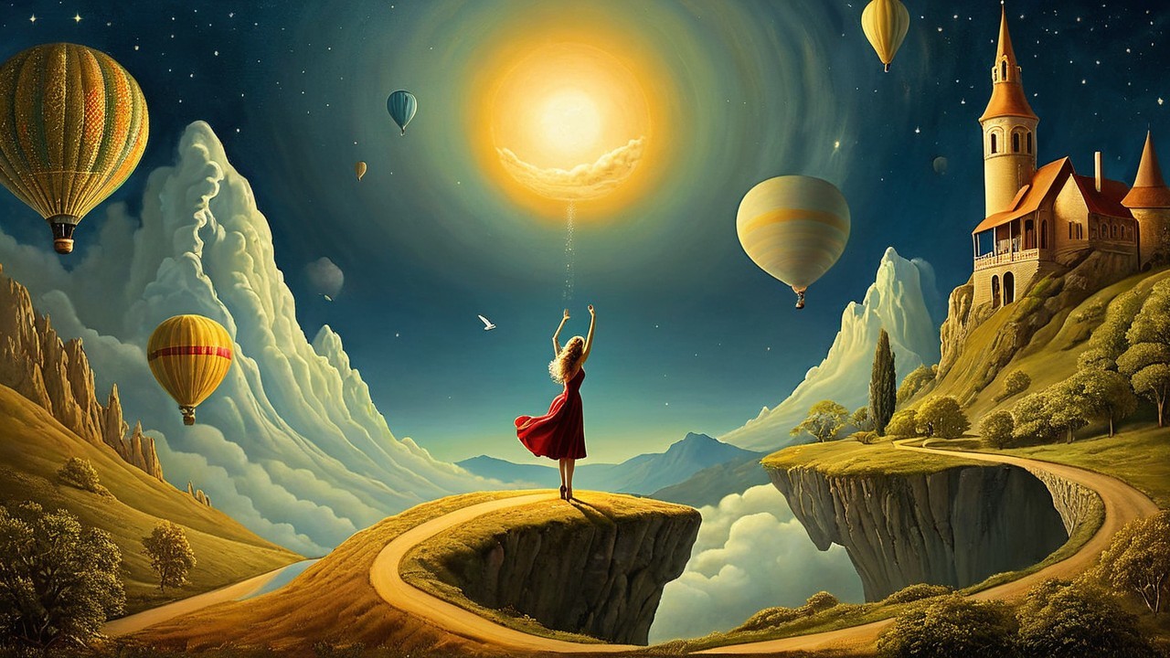 Surreal Landscape with Woman in Red Dress and Balloons