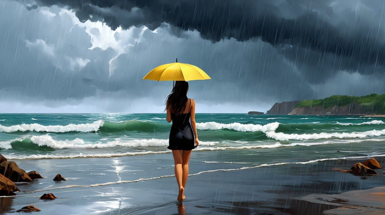 Solitary Figure with Yellow Umbrella on Wet Shoreline
