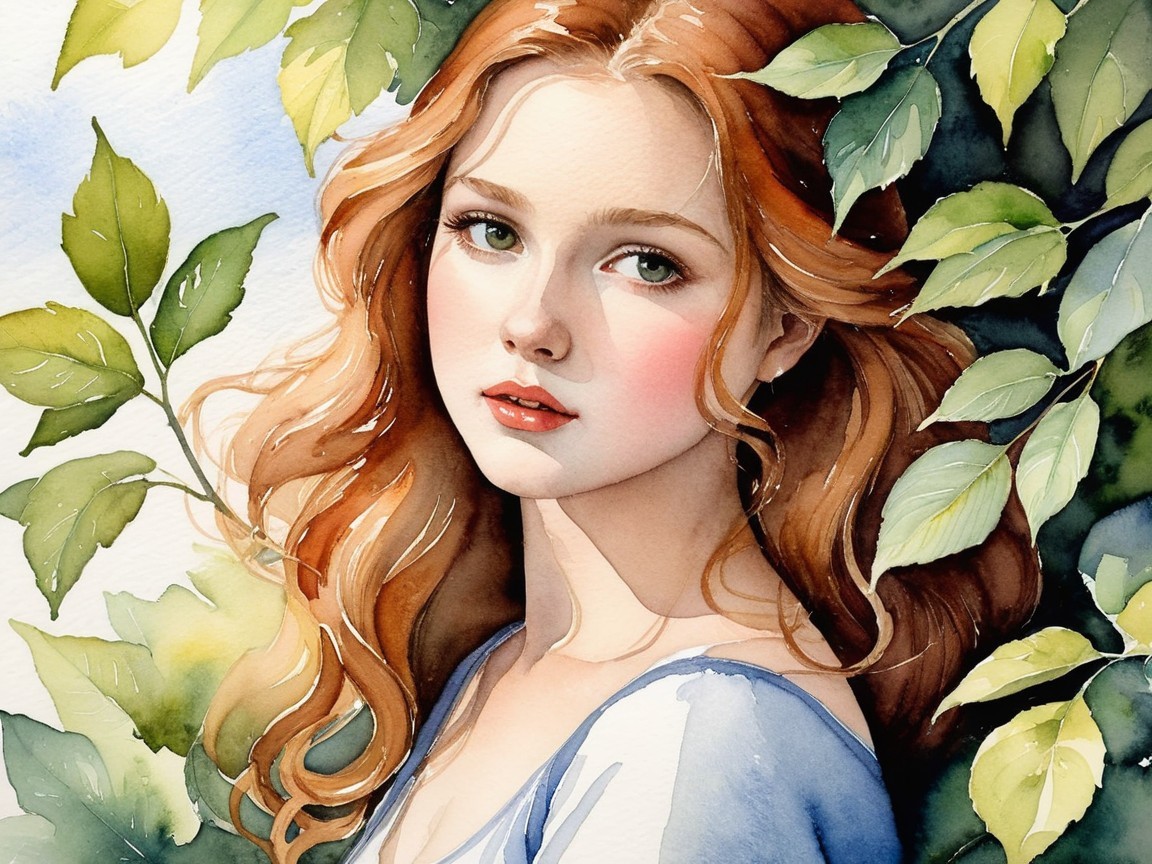 Portrait of a Young Woman with Auburn Hair and Leaves