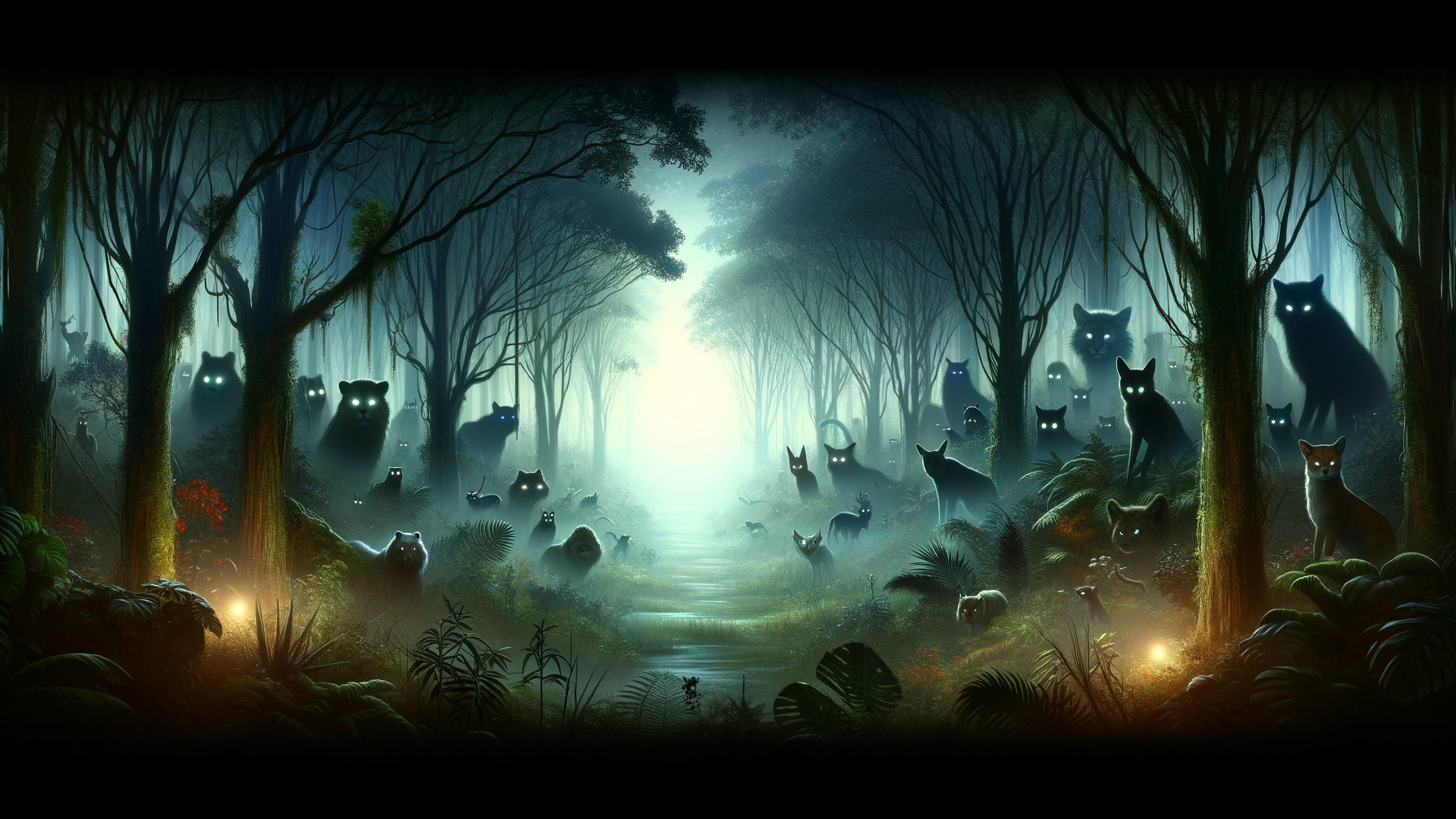 Mystical Forest with Glowing Cat Eyes and Shadows
