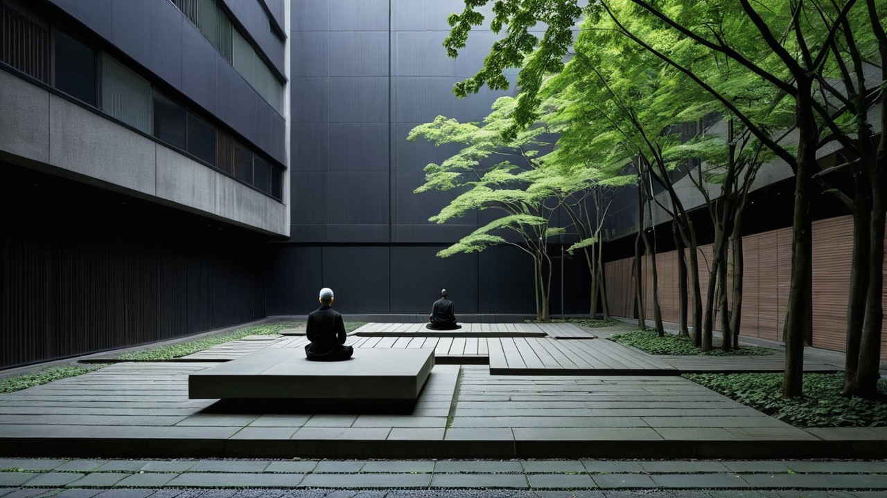 Minimalist Courtyard with Meditating Figures and Nature