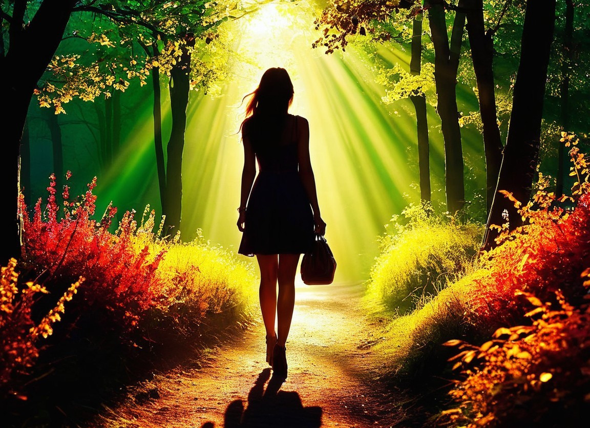 Silhouette of a Woman on a Sunlit Forest Path