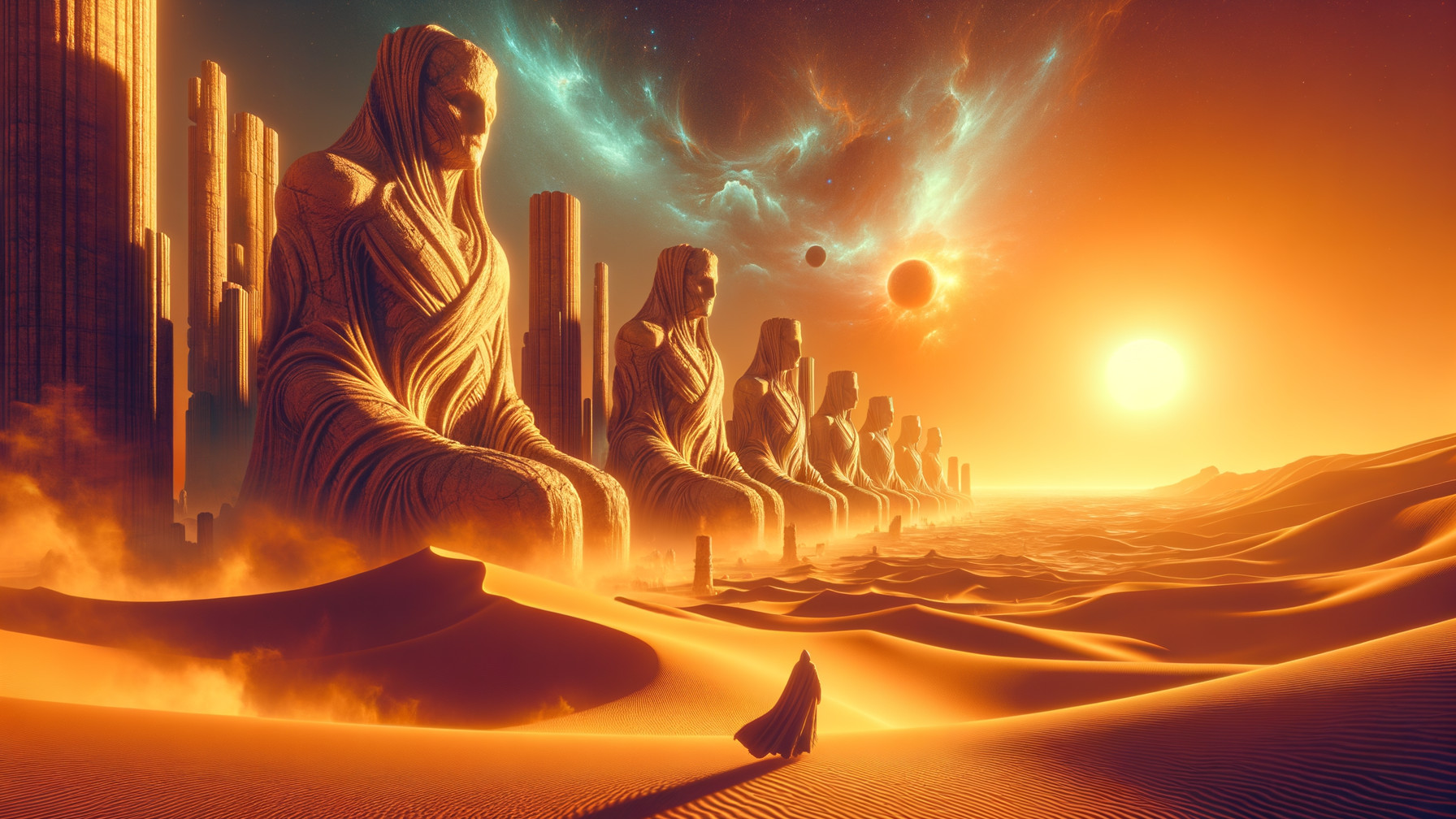 Lone Figure Among Monumental Statues at Desert Sunset