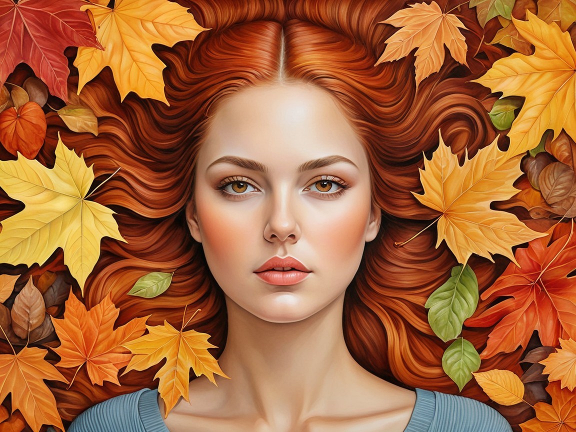 Serene Portrait of Woman Among Vibrant Autumn Leaves