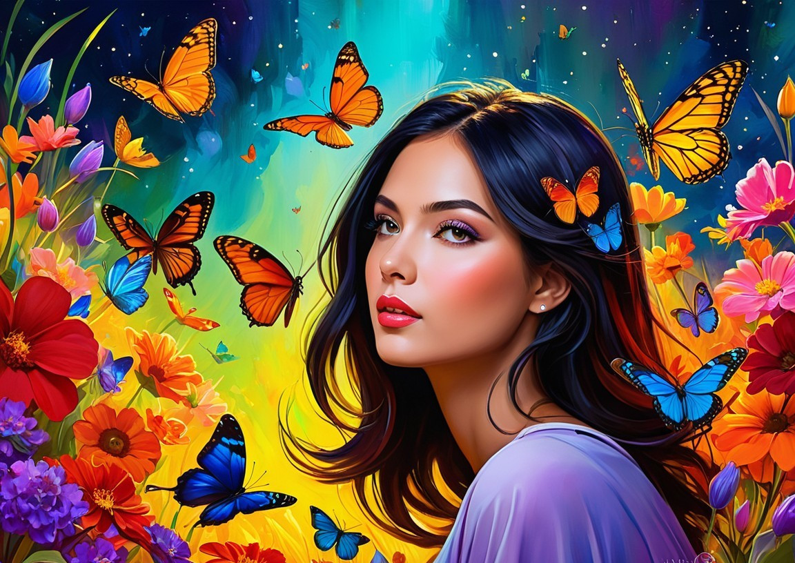 Vibrant Portrait of Woman with Butterflies and Flowers